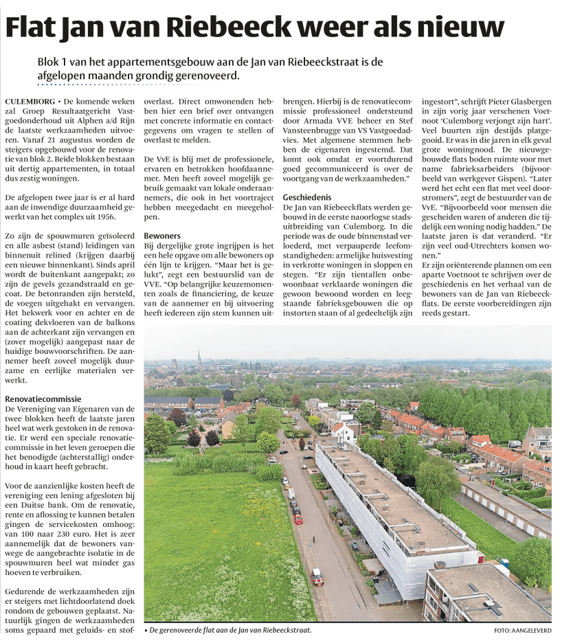 De Groep Resultaatgericht Vastgoedonderhoud - Jan van Riebeeckstraat Culemborg, krant